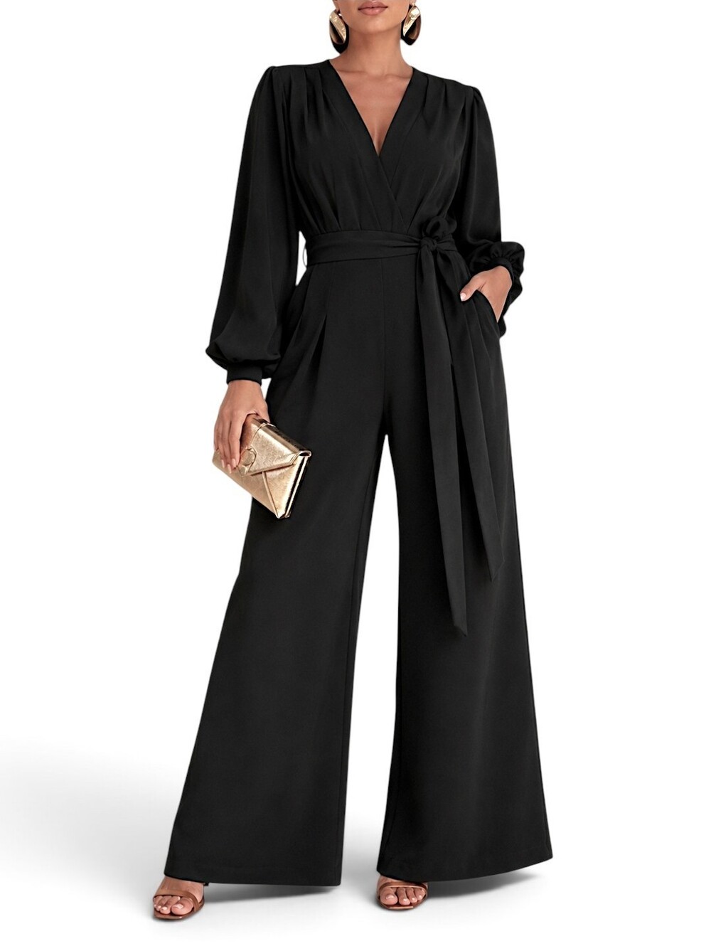 CHIC ME Wide Leg Tie-Waist Jumpsuit Black